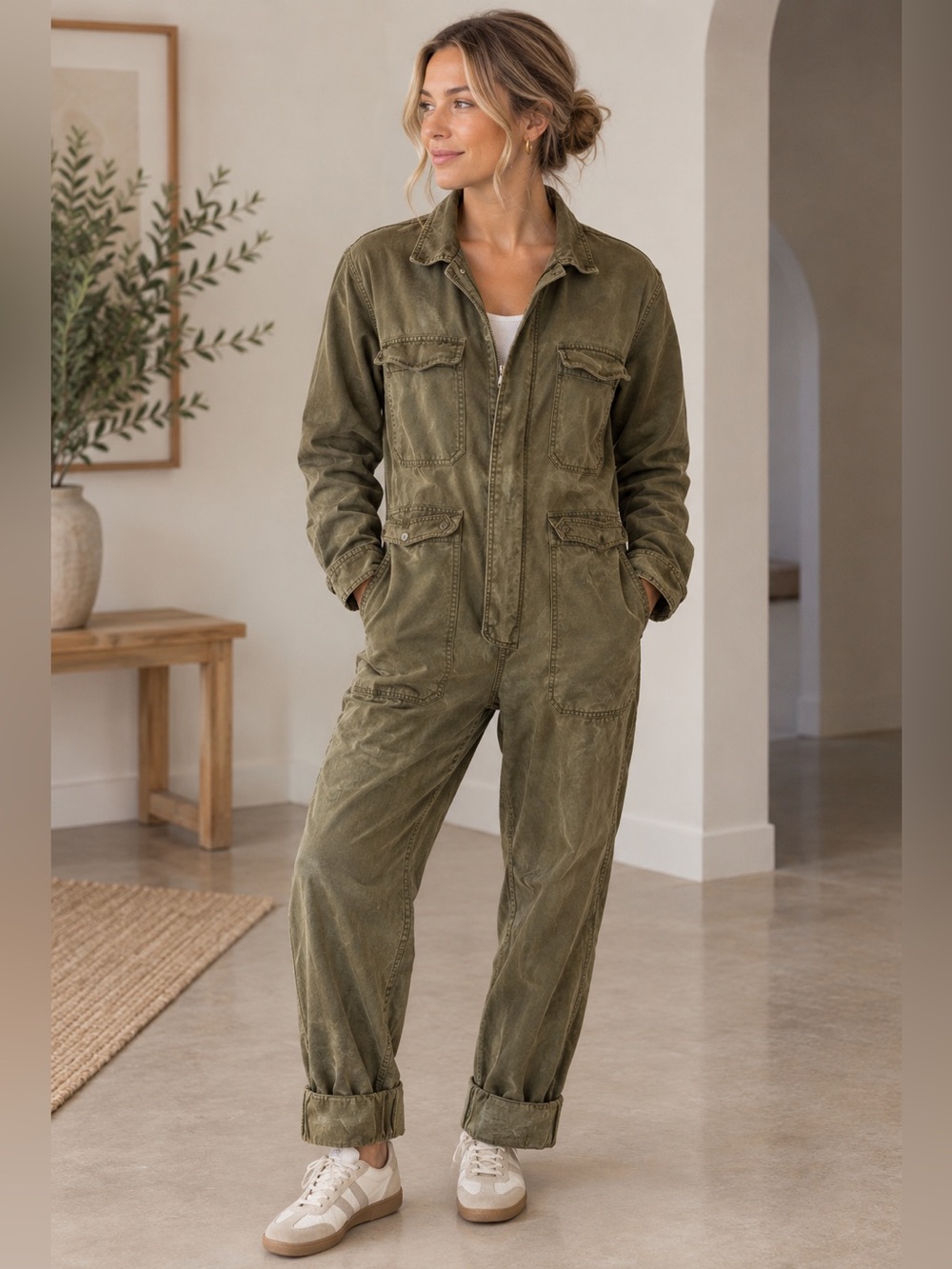 Young Fabulous Broke Henry Zippered Jumpsuit Utility Coverall Green Sz. Large
